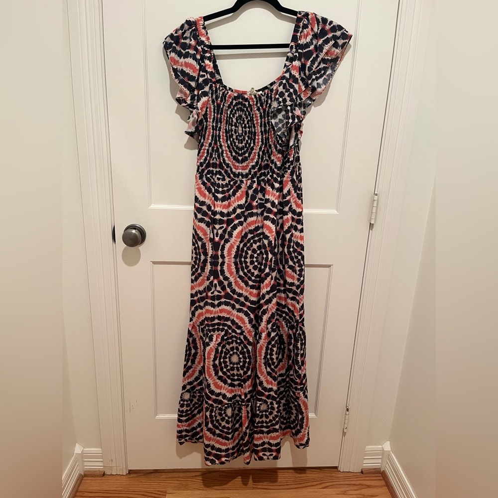 Marie Oliver Coral and Black Printed Flutter-Sleeve Maxi Crystelle Dress - Picture 2 of 5